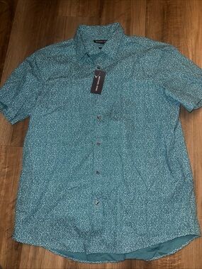 Michael Kors Teal Short-Sleeve Button-Down Shirt with Microprint